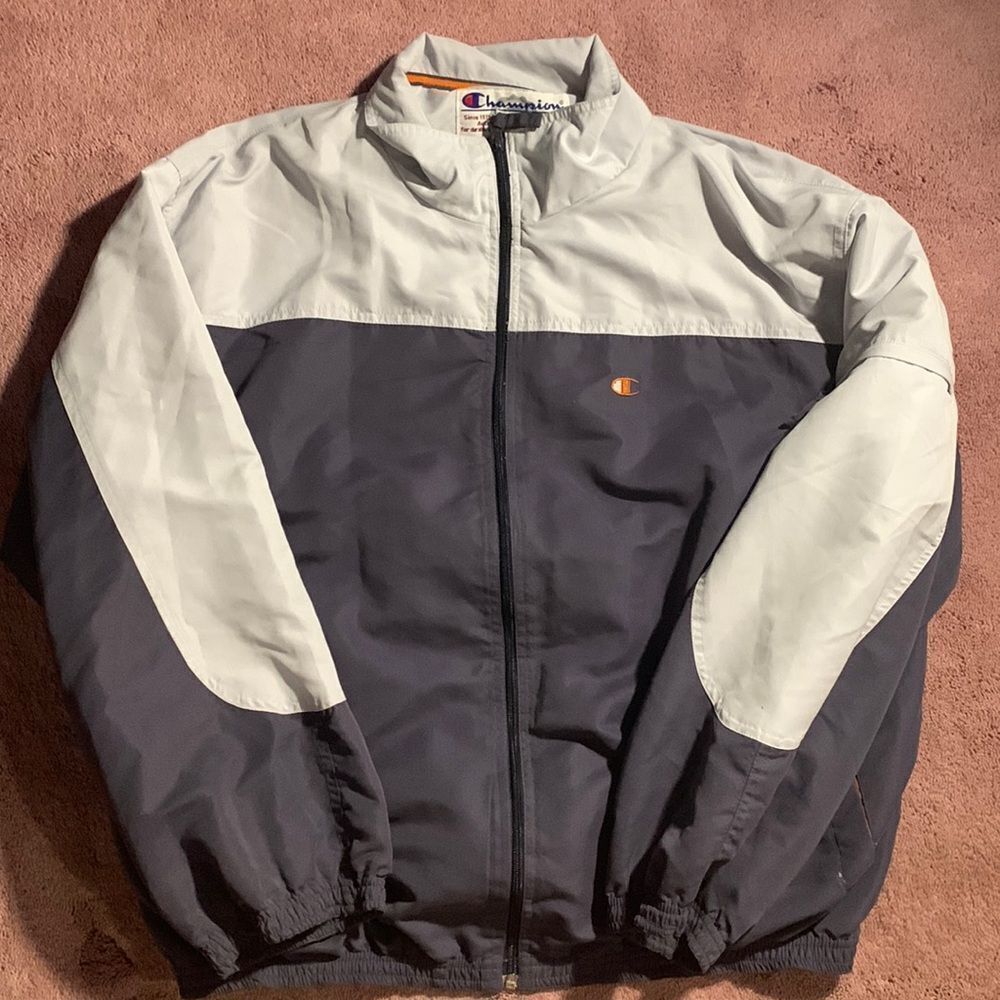 Champion Mens Colorblock Windbreaker Jacket Grey‎ Navy Blue Full Zip Large